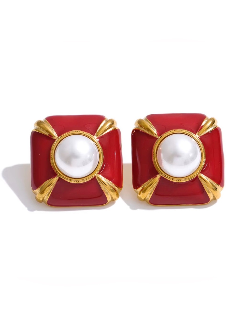 Classic Red Enamel & Pearl Gold-Tone Stud Earrings